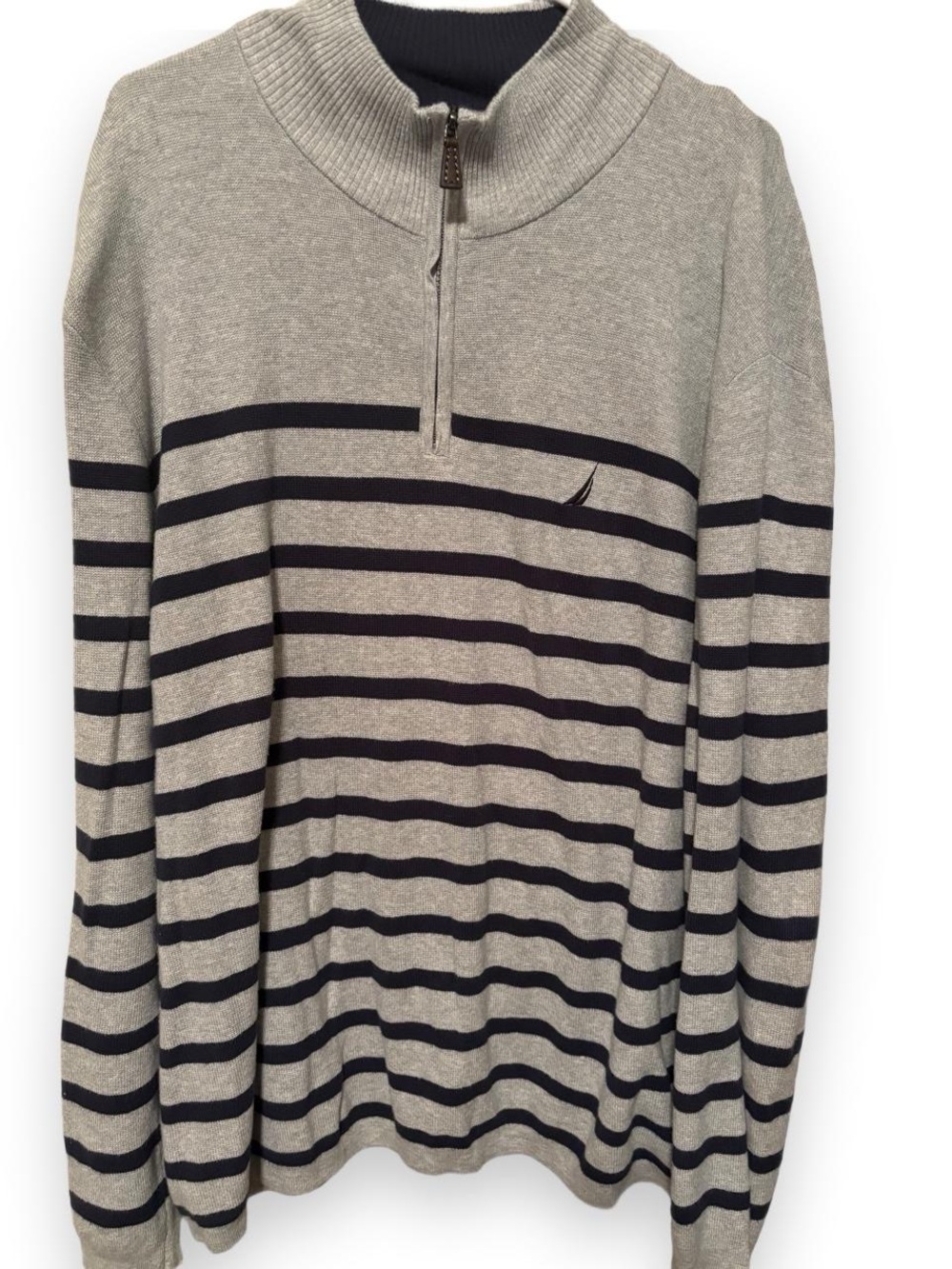 Nautica Men's Light Gray Half-Zip Sweater with Navy Stripes